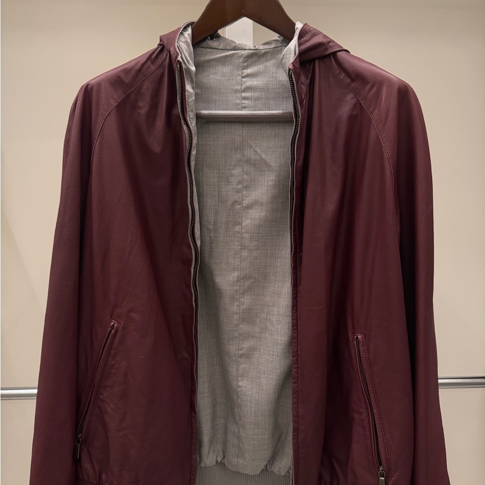 Men's Loro Piana Burgundy Leather Hooded Jacket